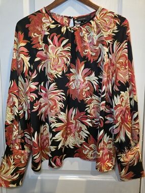 Who What Wear Black Blouse with Pink & Gold Floral Print